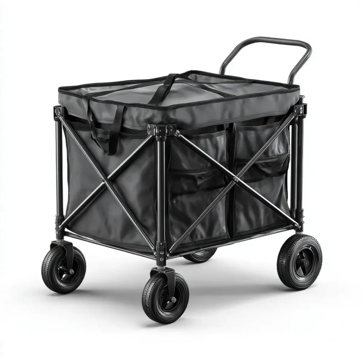 Chariot de transport pliable noir 90 x 50 x 100 cm en acier et polyester enduit PVC rectangulaire