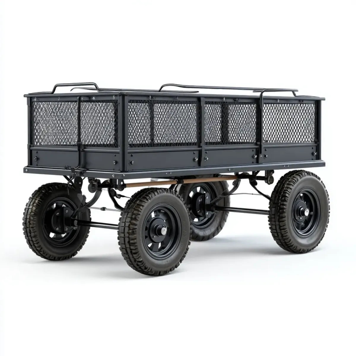 Chariot de jardin à 4 roues noir en acier 120 x 61 x 60 cm avec ridelles grillagées