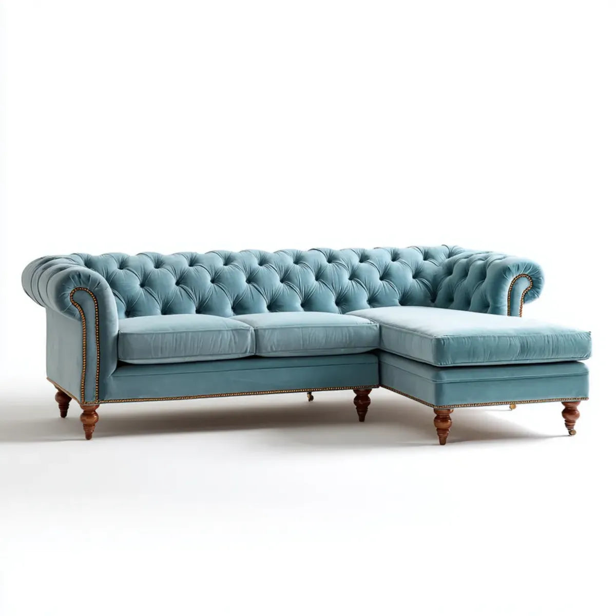 Canapé d'angle Chesterfield 3 places bleu pétrole en velours de polyester avec méridienne droite 260 x 160 x 78 cm