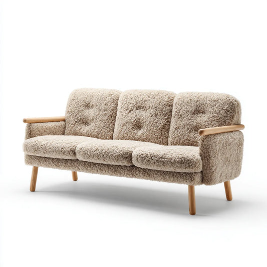 Canapé 3 places beige en polyester bouclette avec pieds en bois massif 190 x 78 x 83 cm