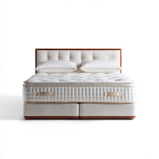 Lit double avec matelas 180 x 200 cm beige et brun en polyester et bois massif rectangulaire