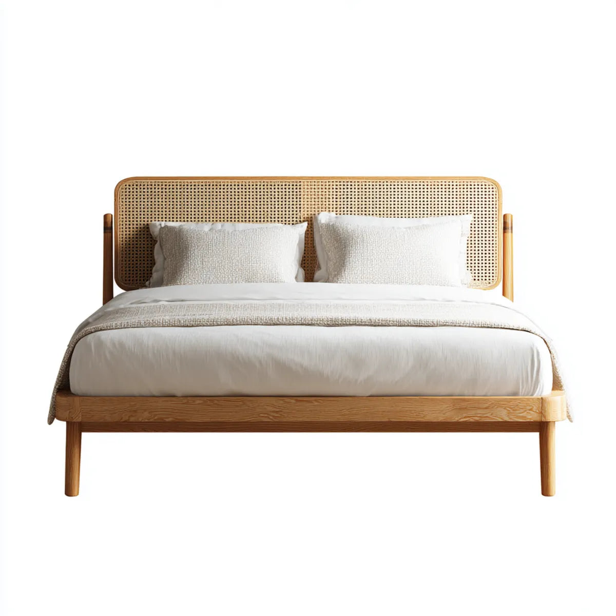 Lit double 160 x 200 cm naturel en bois massif et rotin tressé rectangulaire