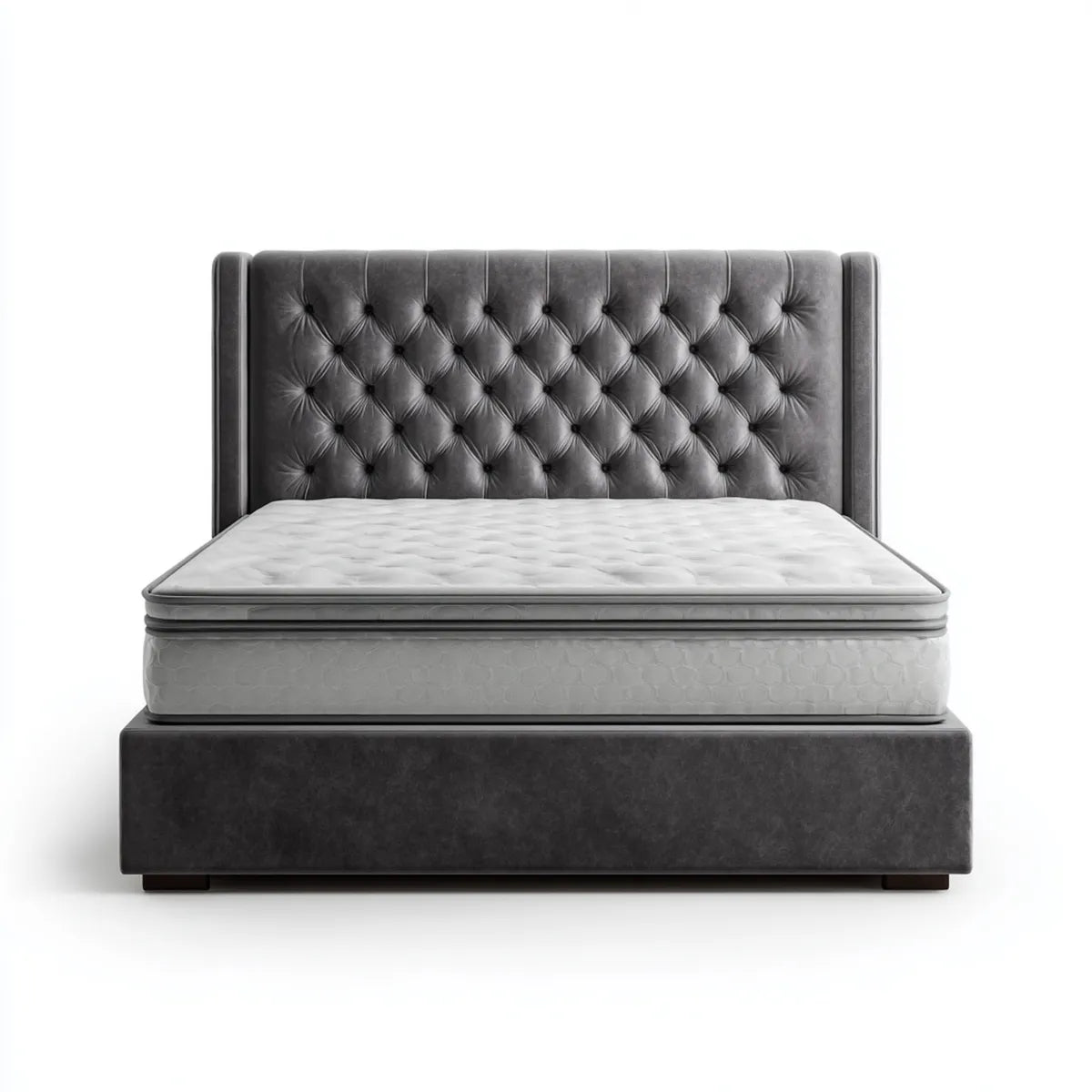 Lit double capitonné gris anthracite 160 x 200 cm en velours polyester avec matelas à ressorts ensachés rectangulaire