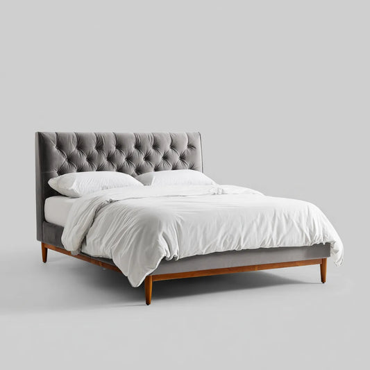 Lit double capitonné gris 160 x 200 cm en polyester et bois massif rectangulaire