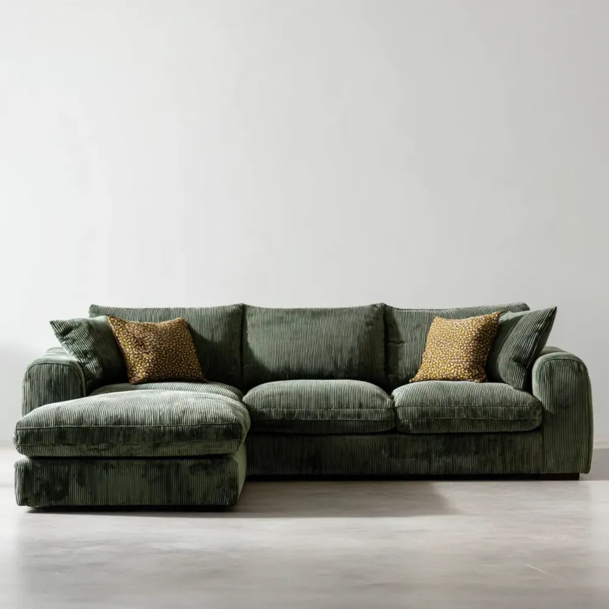 Canapé d'angle gauche 3 places vert olive en velours côtelé polyester forme L 280 x 160 x 85 cm