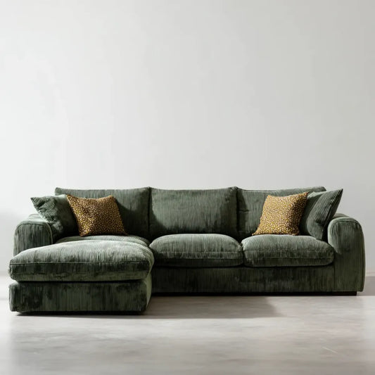 Canapé d'angle gauche 3 places vert olive en velours côtelé polyester forme L 280 x 160 x 85 cm