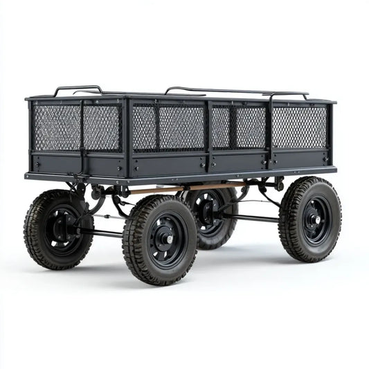 Chariot de jardin à 4 roues noir en acier 120 x 61 x 60 cm avec ridelles grillagées