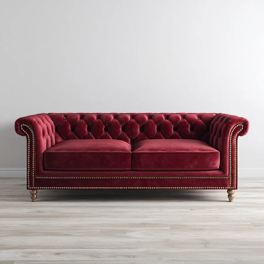 Canapé Chesterfield droit 3 places bordeaux en velours de polyester capitonné 200 x 90 x 75 cm